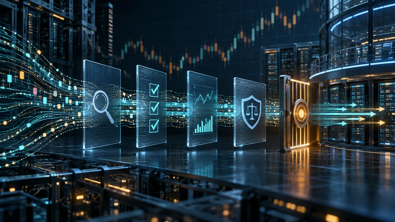 Original fintech illustration of algorithmic trading data passing through testing, monitoring, governance and risk-control gates