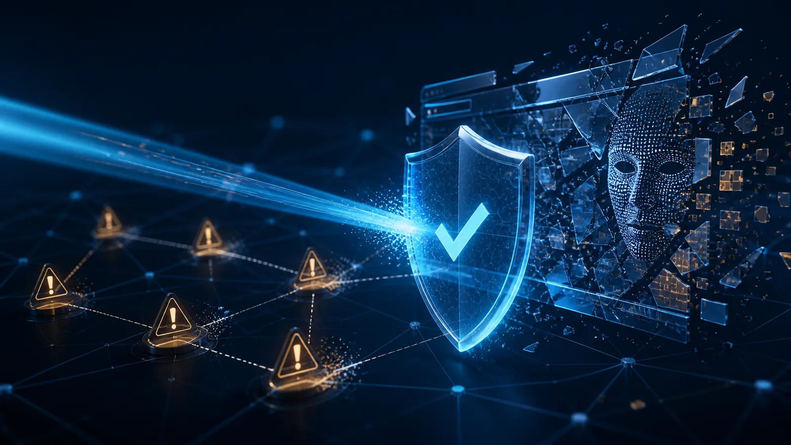 Financial news illustration of a security scan identifying and disconnecting AI-generated fake investment platform nodes