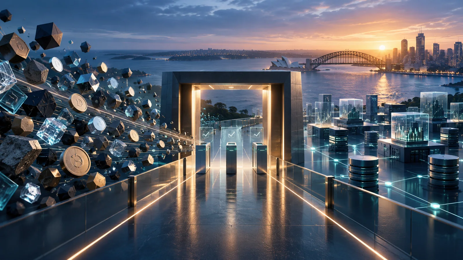 Original Australian cityscape illustration of digital assets passing through a compliance gateway into orderly market infrastructure