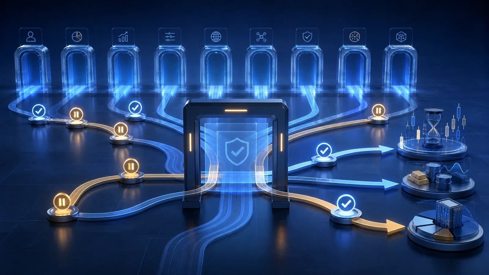 Financial news illustration of nine anonymous online broker gateways undergoing a compliance scan for complex-product onboarding and risk disclosure