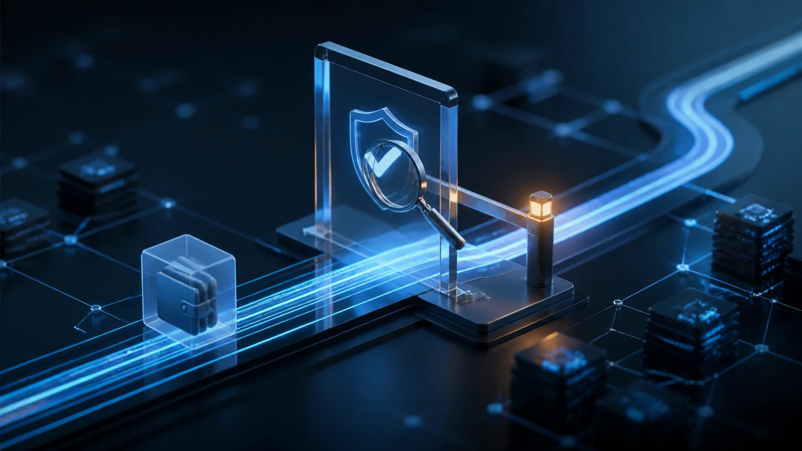 Neutral regulatory-warning illustration of an anonymous digital-asset transaction path paused at a transparent verification checkpoint