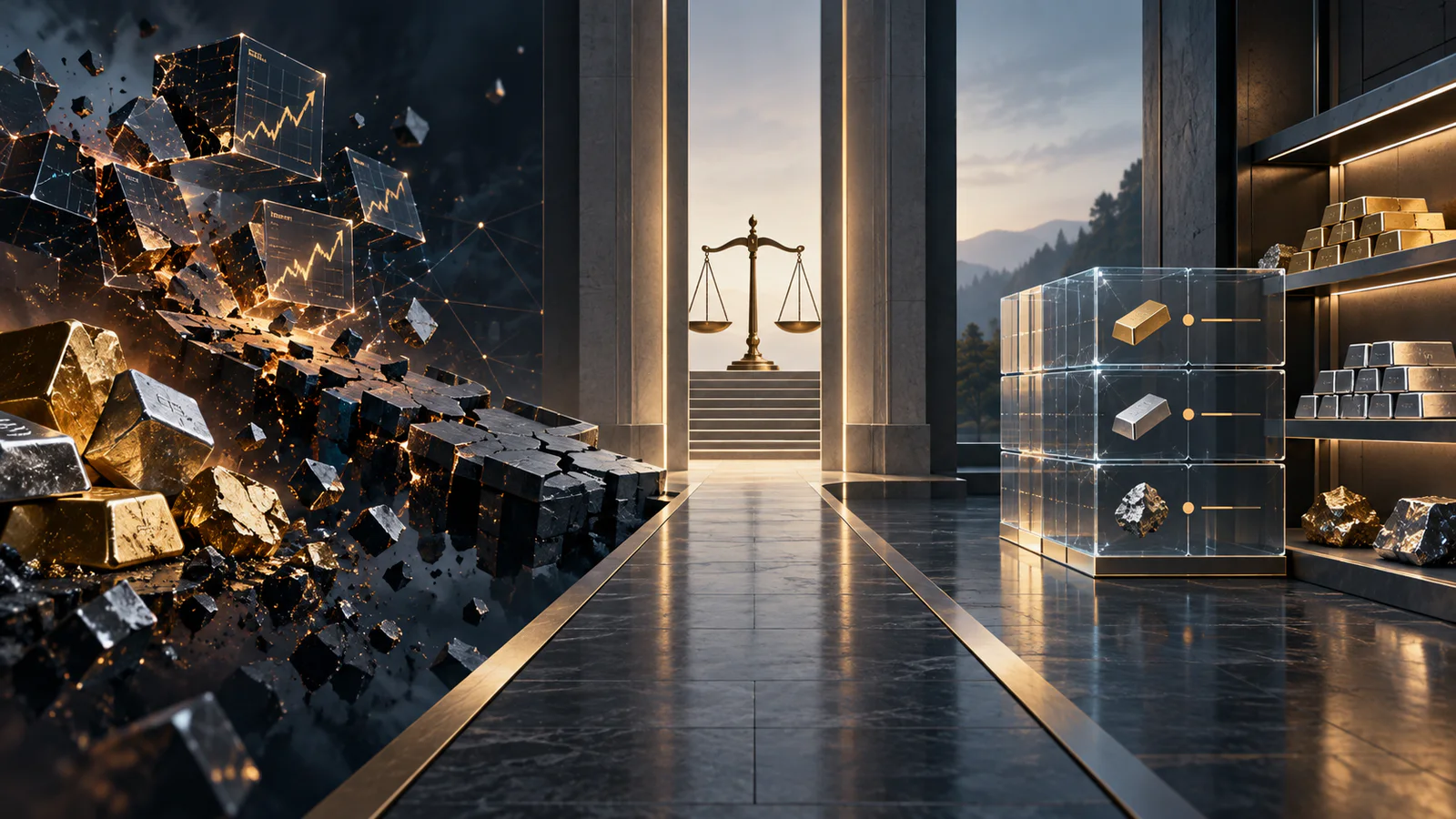Original news artwork showing shattered financial charts leading to scales of justice and controlled asset custody