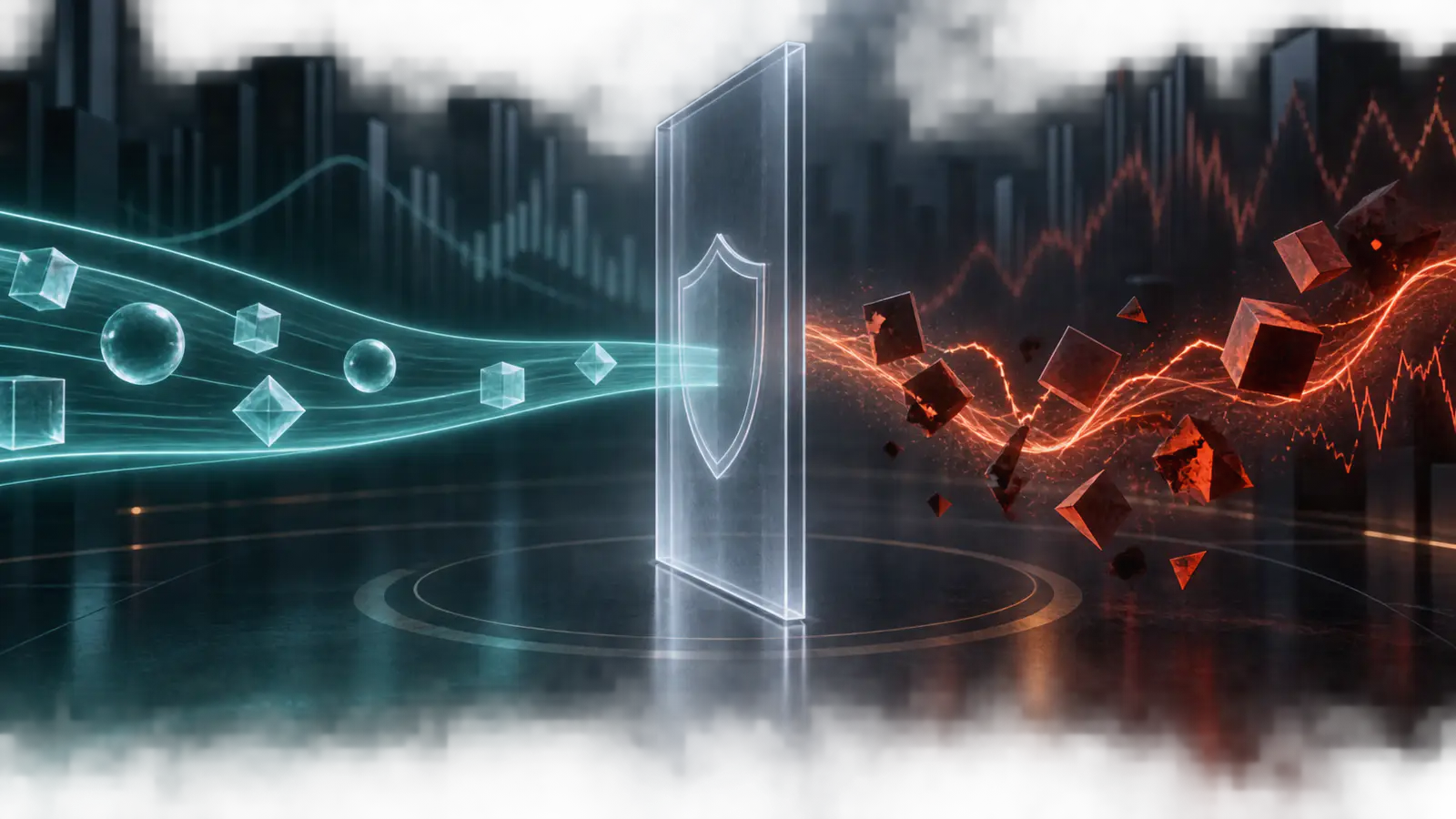 Original regulatory-risk illustration showing an orderly teal data stream and a distorted amber stream meeting a transparent compliance barrier