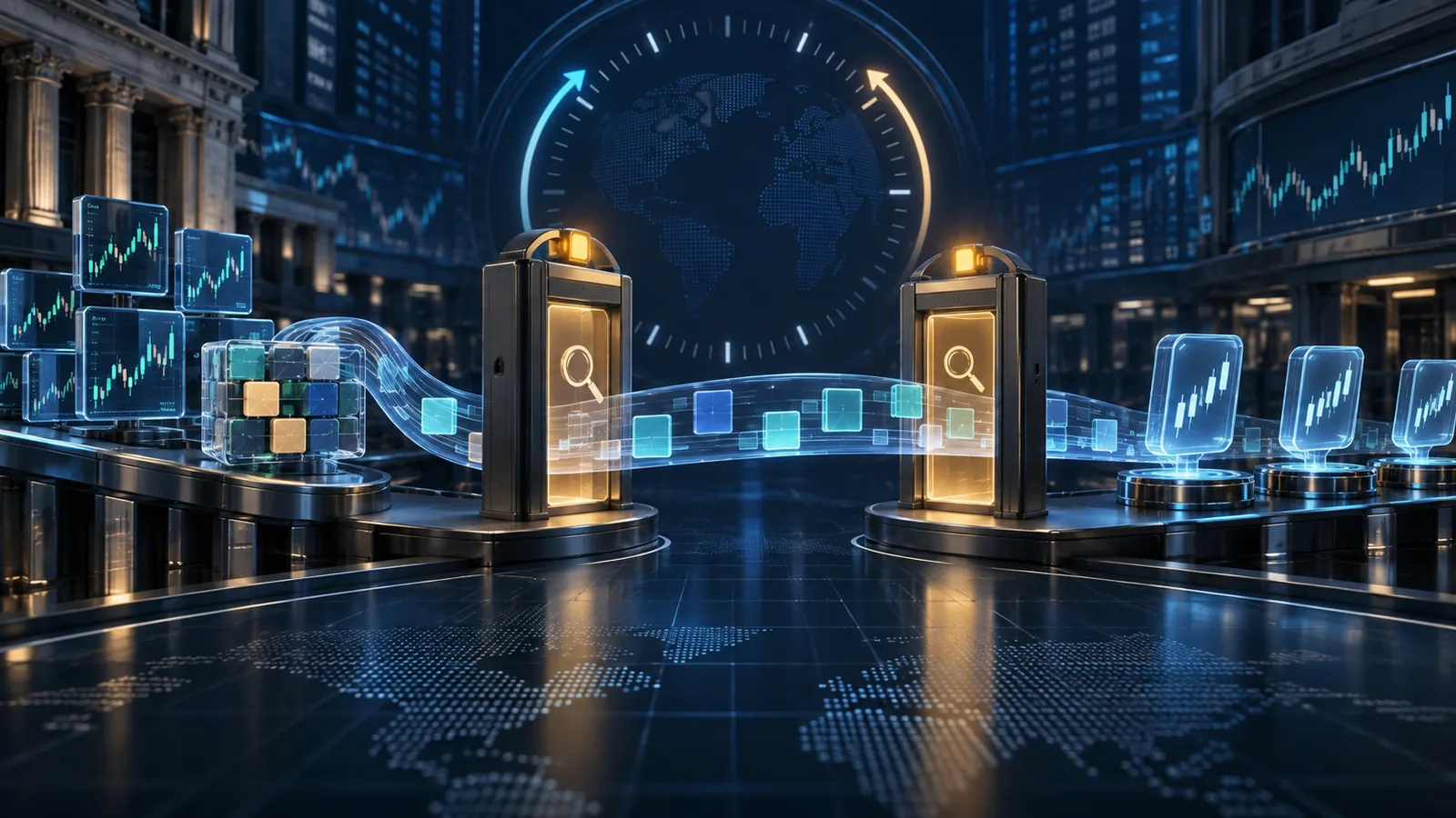 Original market-infrastructure illustration with equity quote tiles, a no-expiry clock and two neutral compliance gates