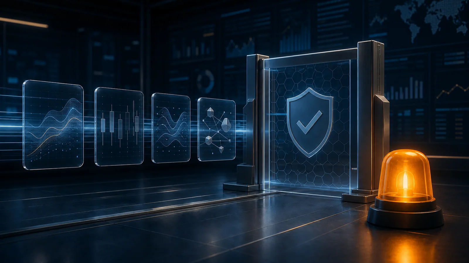 Original regulatory-news illustration of abstract market assets meeting a compliance gate and warning beacon