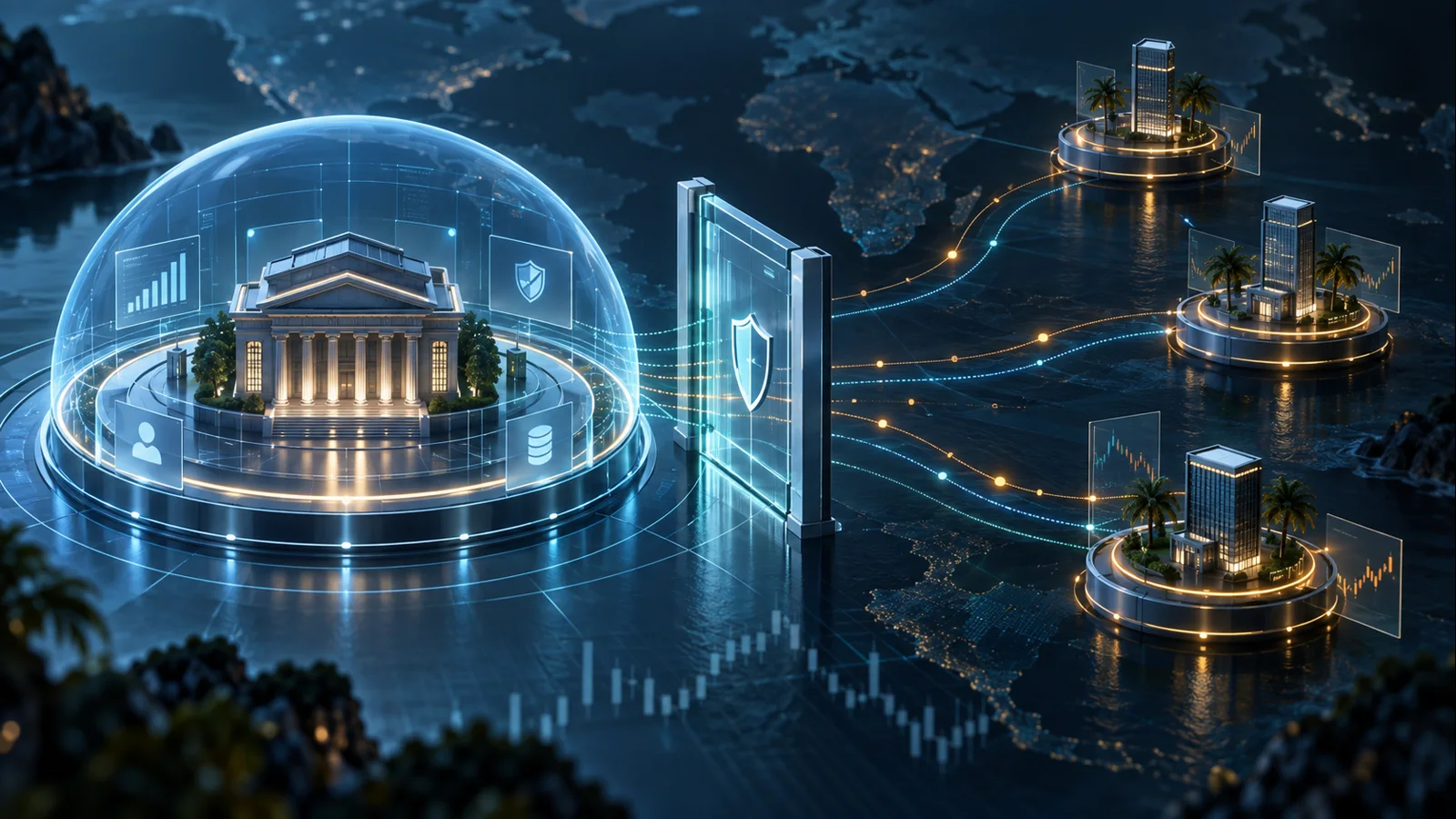 Original financial-regulation illustration connecting a protected UK-regulated node with overseas trading nodes beyond the protection boundary