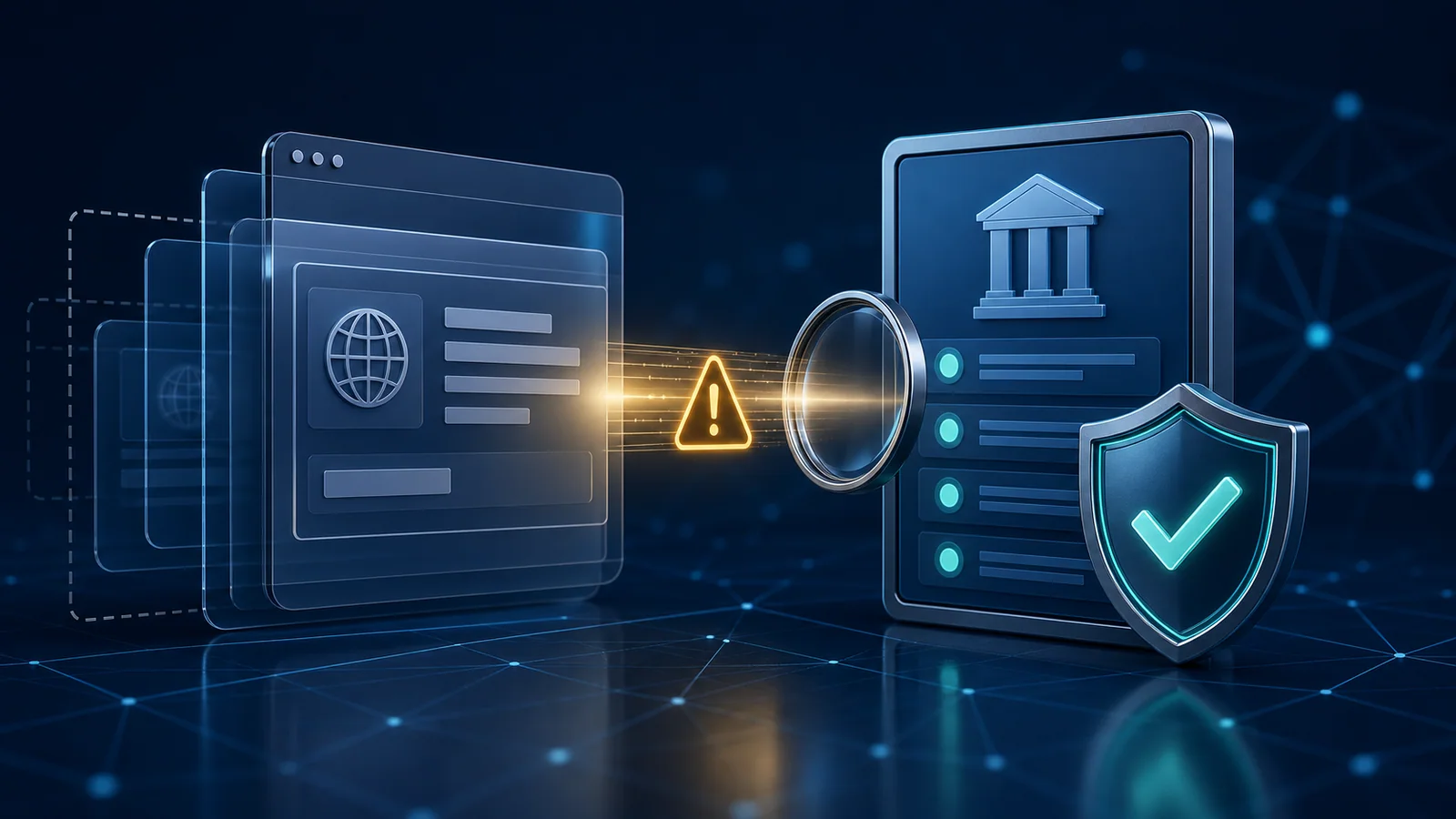 Original financial-news illustration of a regulator register verifying a website identity and flagging a risk