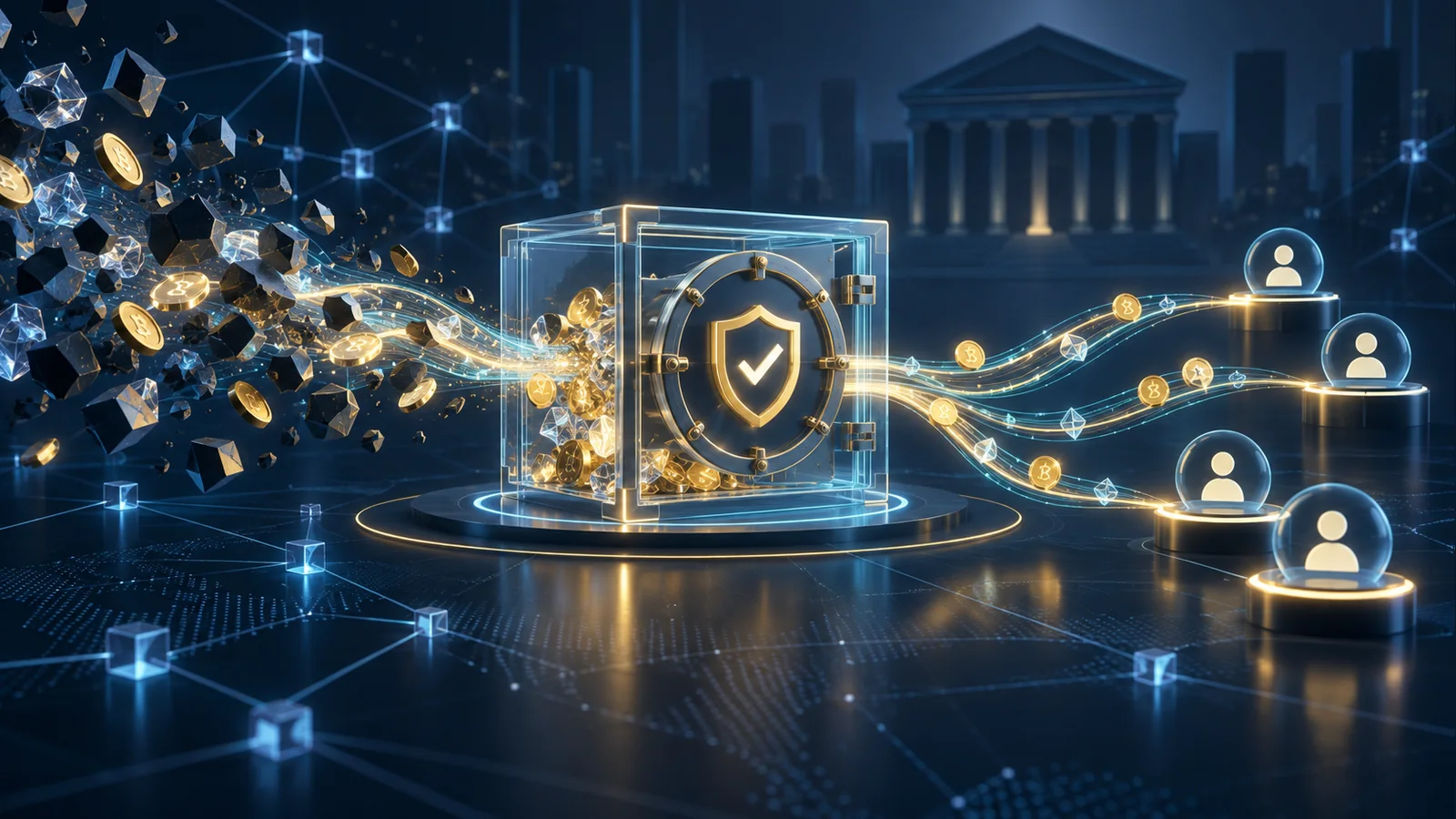 Original recovery illustration showing digital value passing through a verified vault toward several beneficiary nodes
