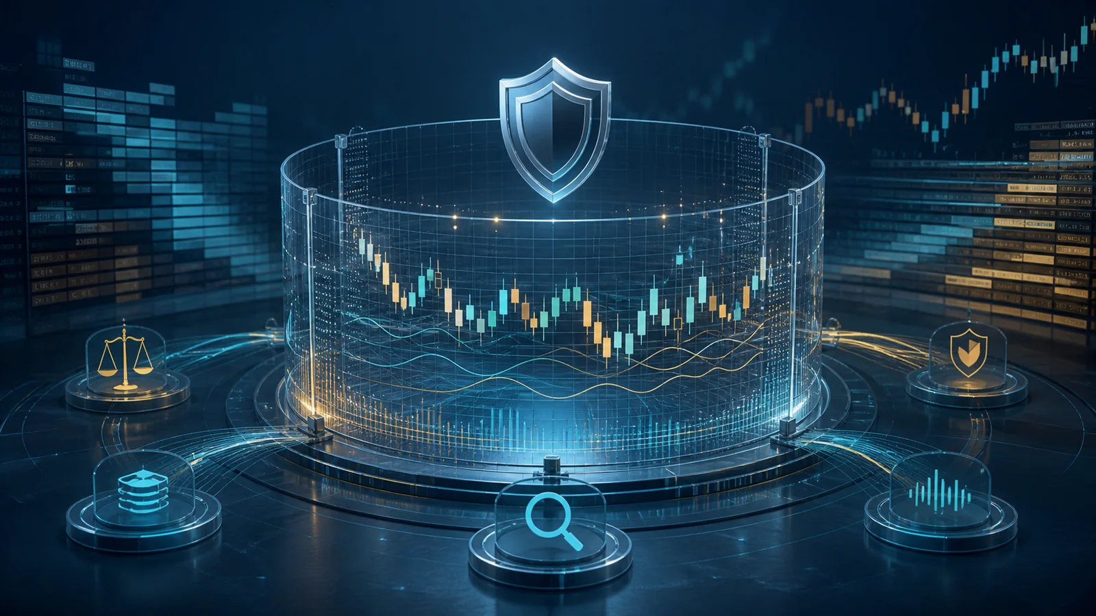 Original financial-news illustration of transparent market data surrounded by a protective regulatory boundary