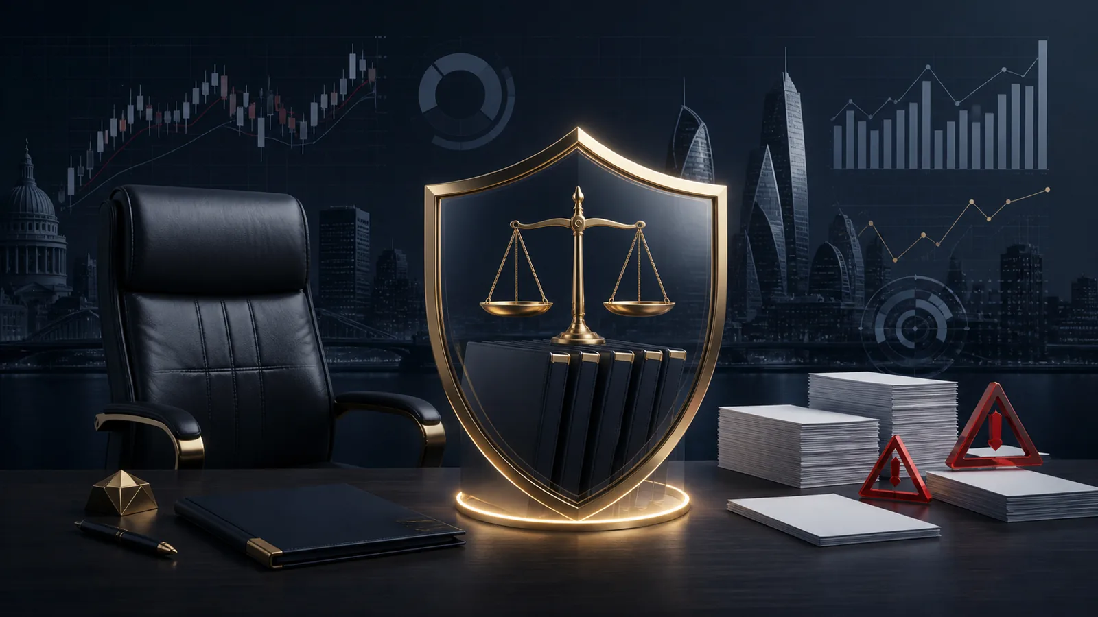 Financial news illustration of a regulatory shield protecting client investment files and reinforcing senior management accountability