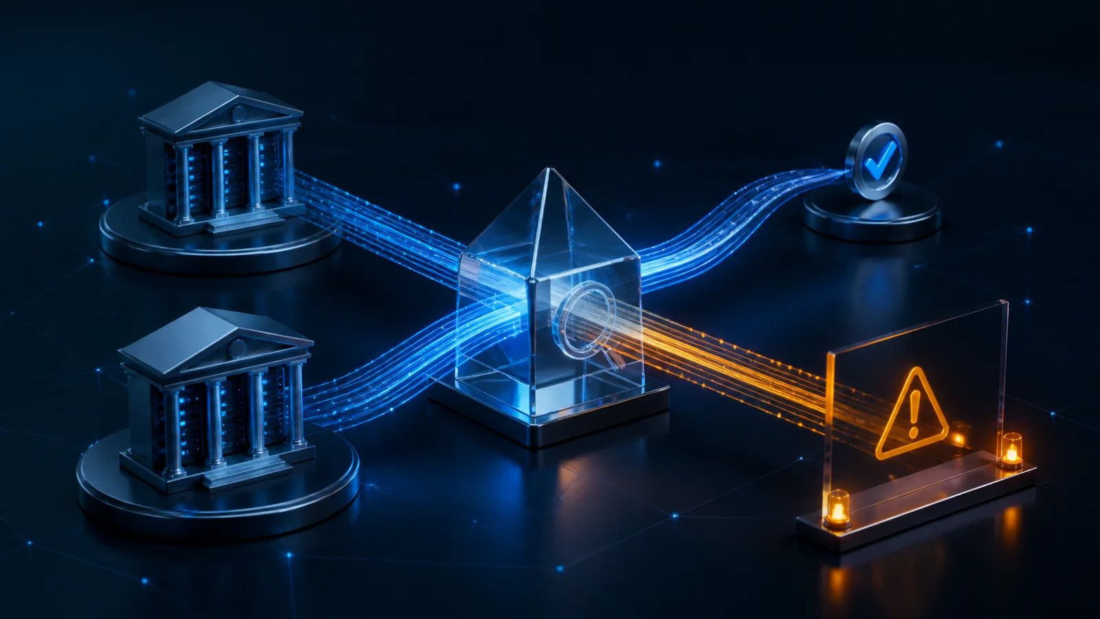 Neutral illustration of two similar financial gateways being separated by a transparent identity-verification device into a normal path and a caution boundary