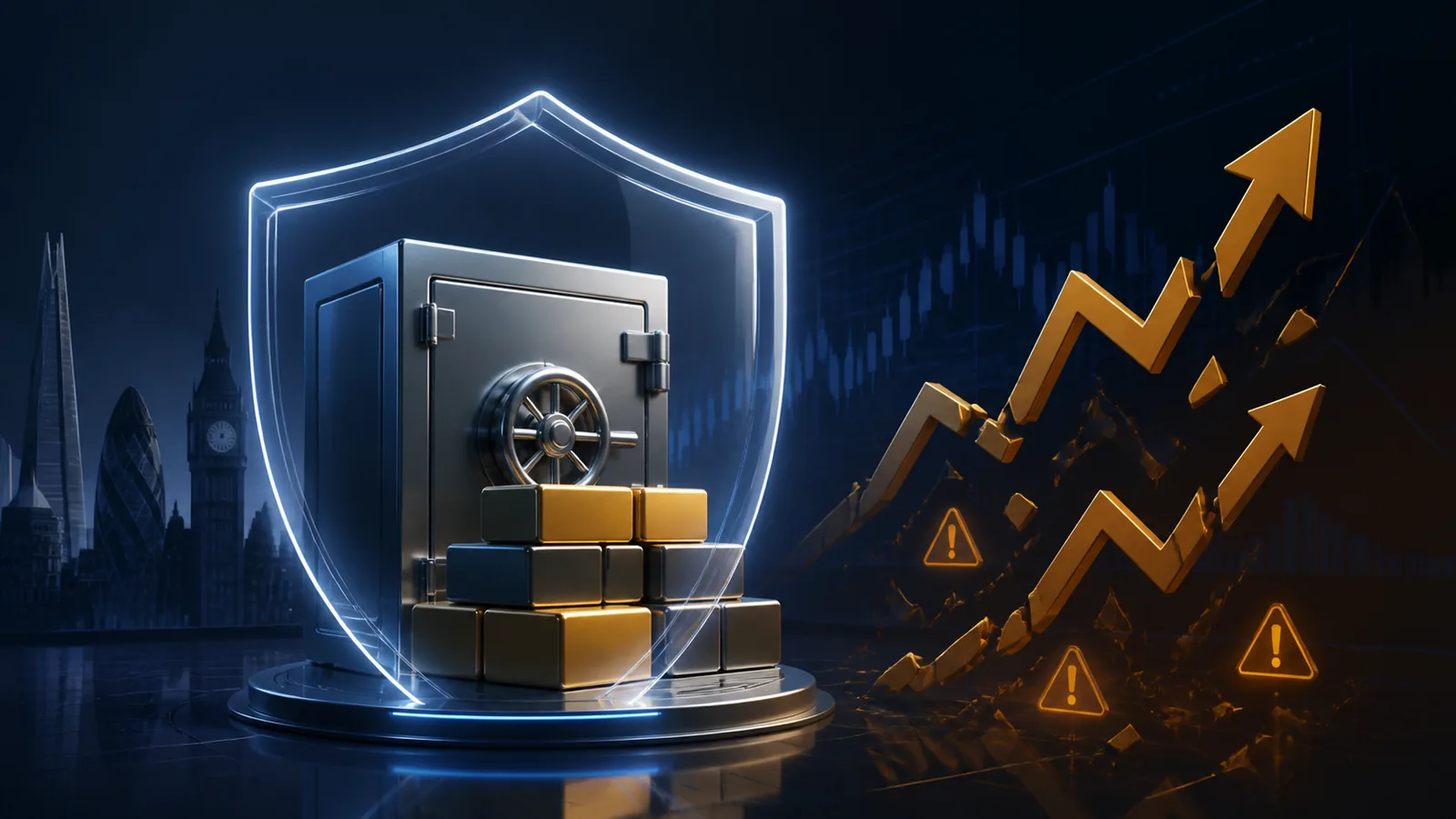 Risk-warning illustration of a transparent shield protecting a savings vault from fractured high-return arrows