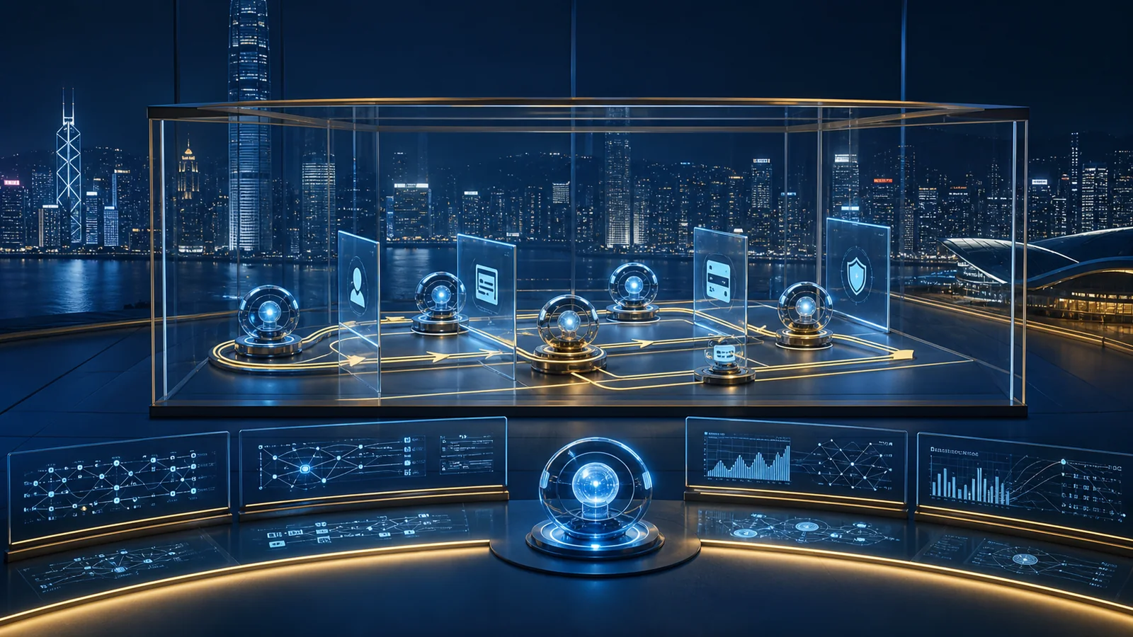 Original illustration of agentic AI workflows operating inside a transparent Hong Kong financial sandbox under a second AI oversight layer