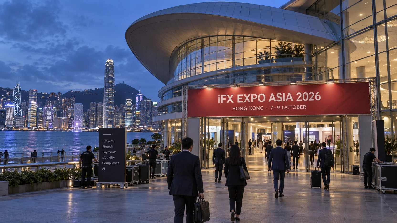 Business delegates approaching the iFX EXPO Asia 2026 entrance at the Hong Kong Convention and Exhibition Centre beside Victoria Harbour