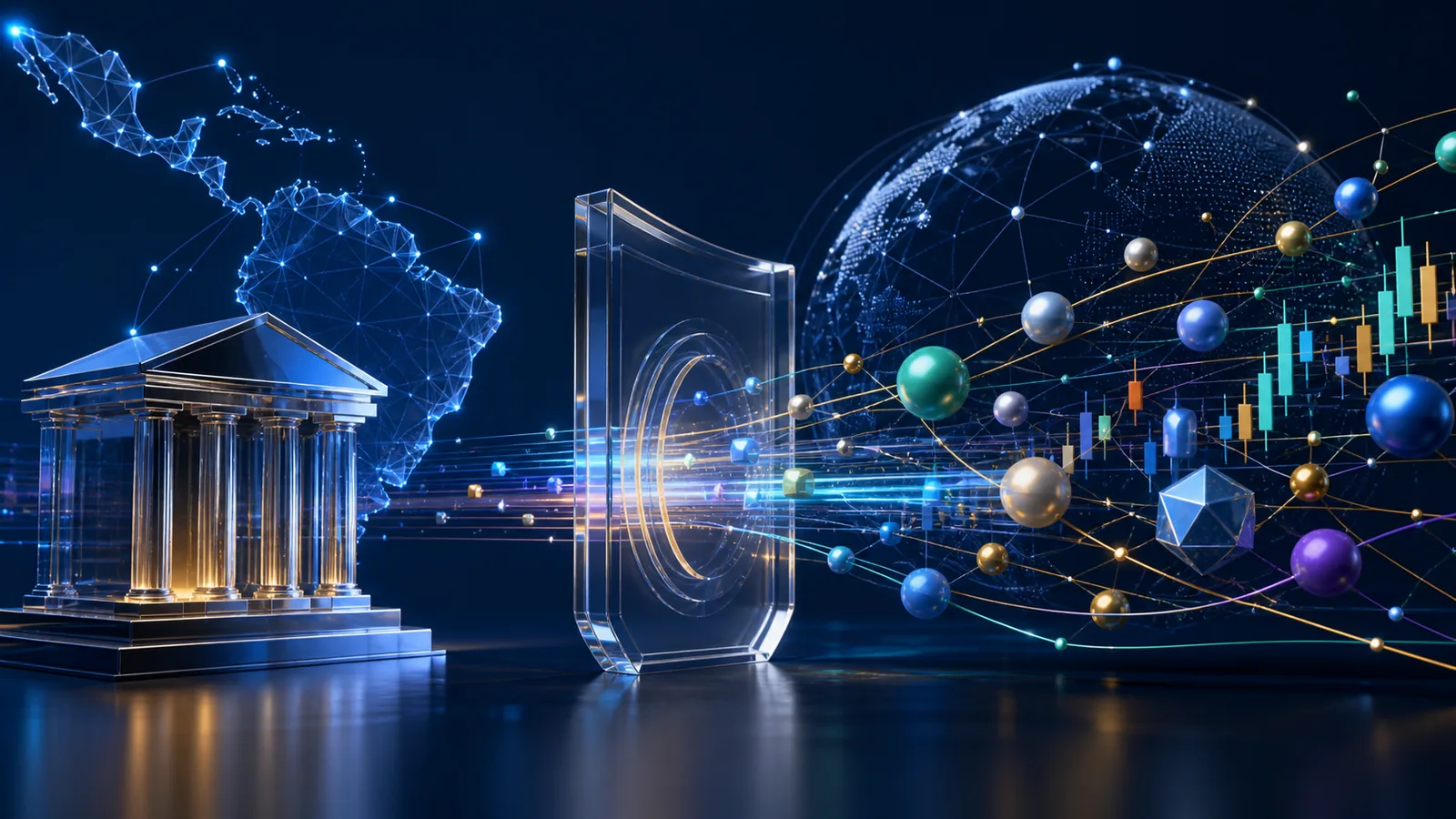 Financial news illustration of a Latin American local bank connected to a global multi-asset trading terminal through a secure payment network