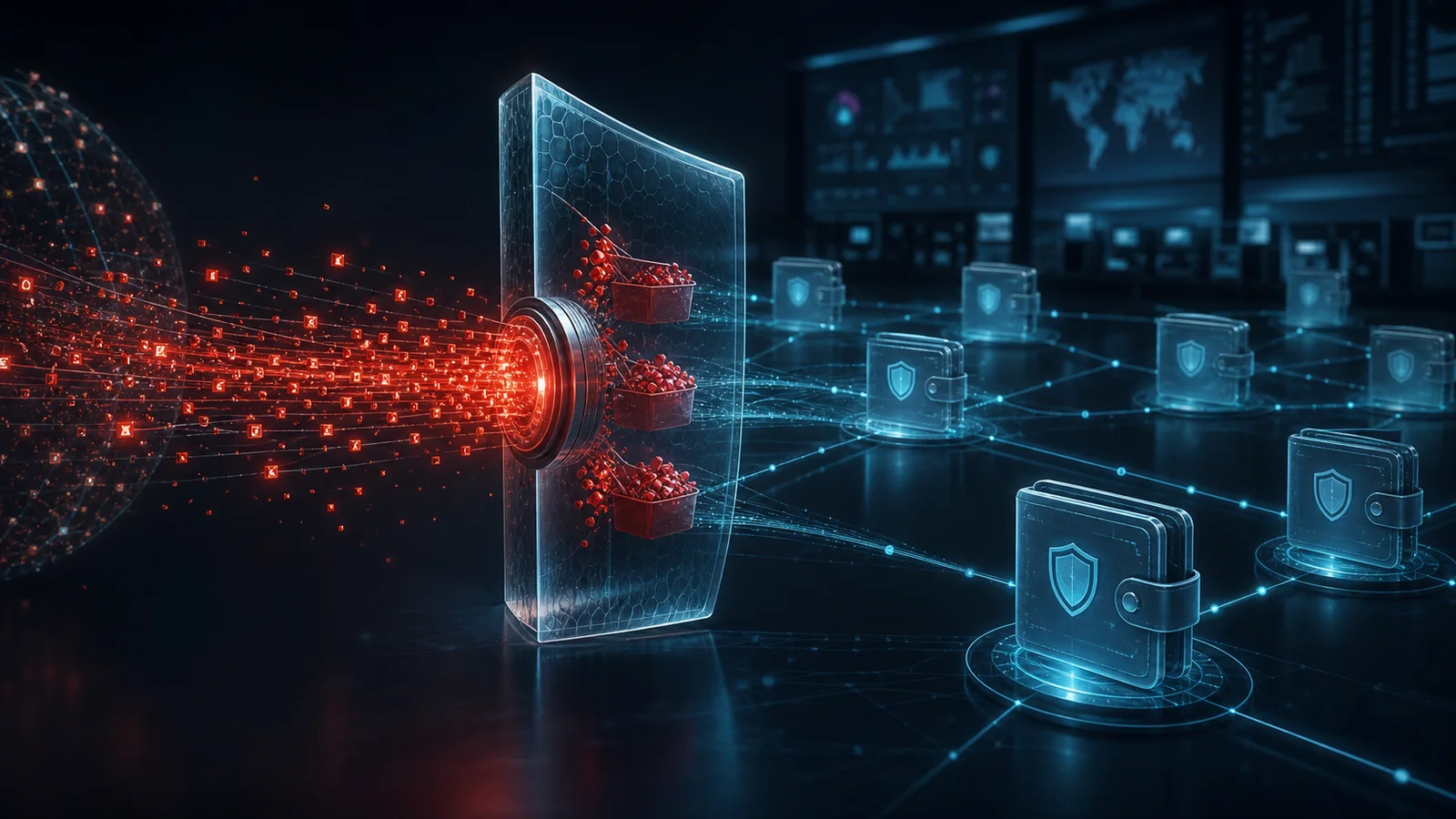 Original illustration of mass blockchain micro-transfers being detected and quarantined by an exchange compliance firewall