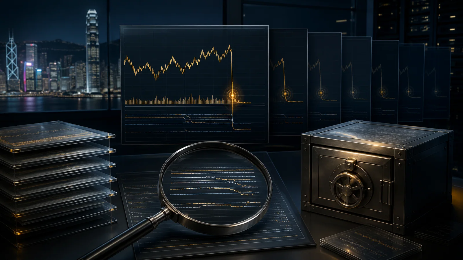 Original investigative illustration of synchronized gold-order traces being examined and secured against a Hong Kong financial-district backdrop