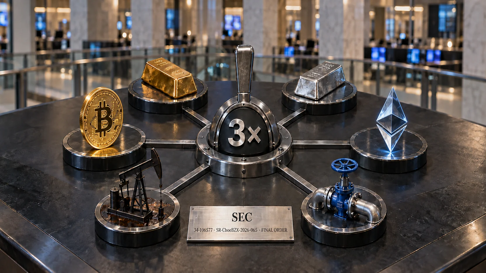SEC final-order identifiers, a 3x leverage control and six futures exposures spanning gold, bitcoin, ether, silver, crude oil and natural gas