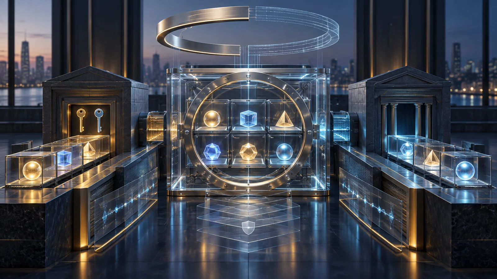 Original news artwork showing two controlled custody routes entering a transparent digital-asset vault beneath an unfinished rule ring