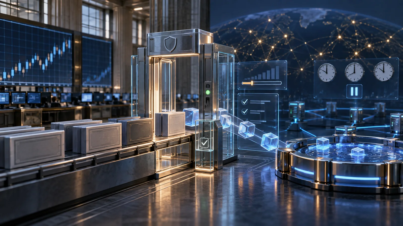 Original financial-news illustration of traditional stock certificates passing through a compliance gate into a public blockchain liquidity pool