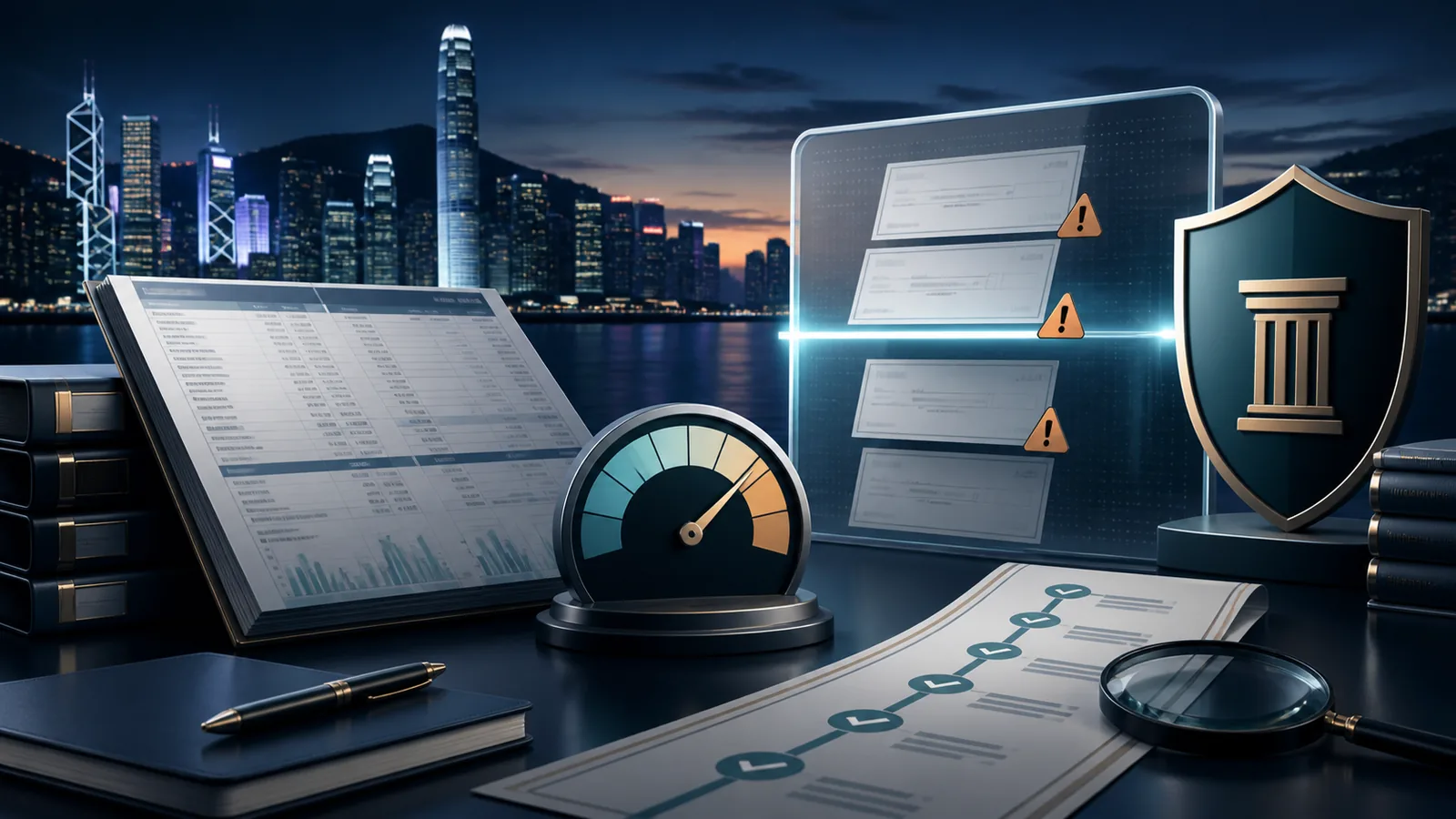 Financial news illustration of a compliance scanner reviewing liquid-capital returns and cheque records against the Hong Kong financial district
