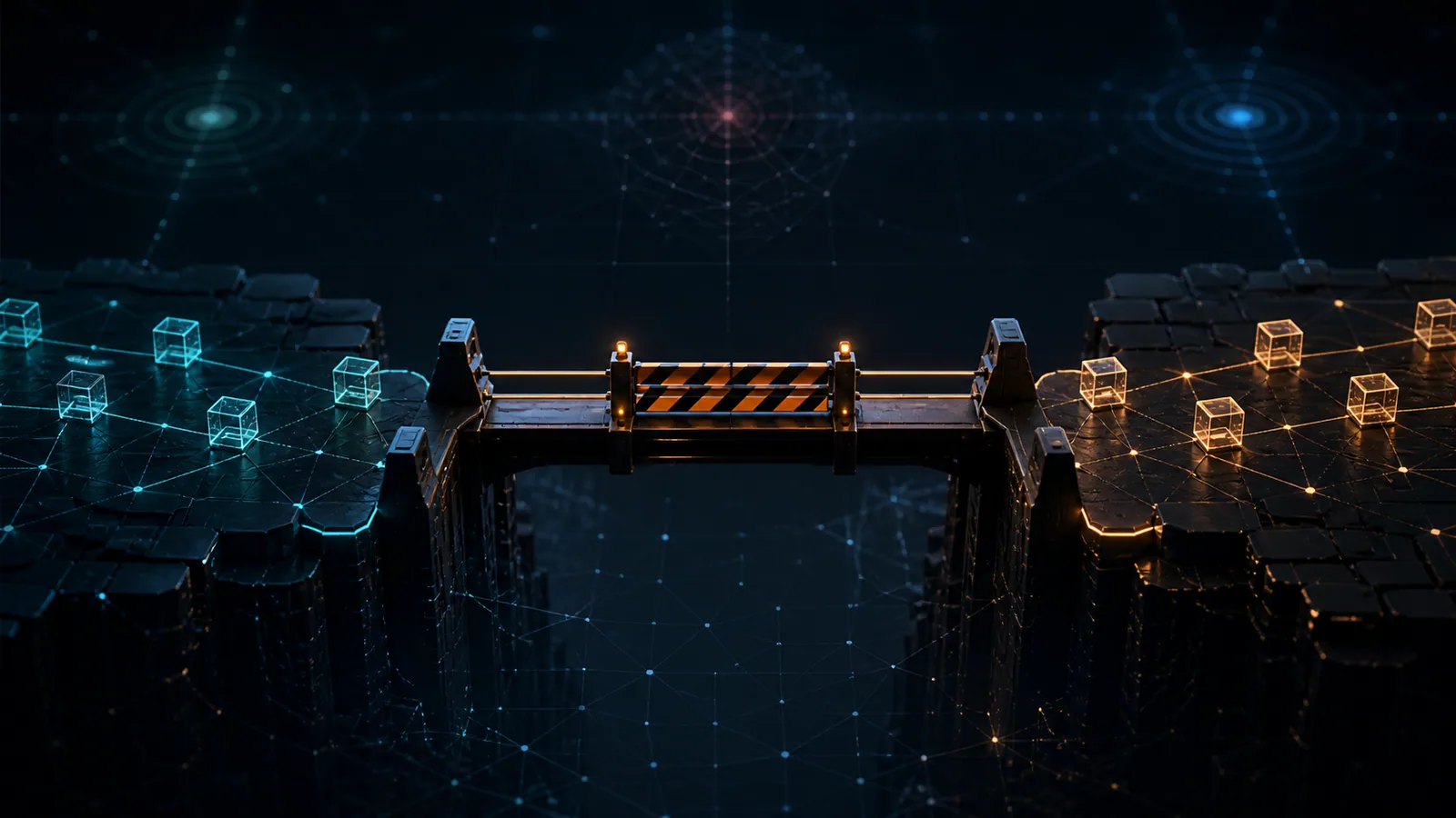 Original cybersecurity illustration of a digital bridge between two blockchain networks paused by a safety barrier with data packets held on both sides