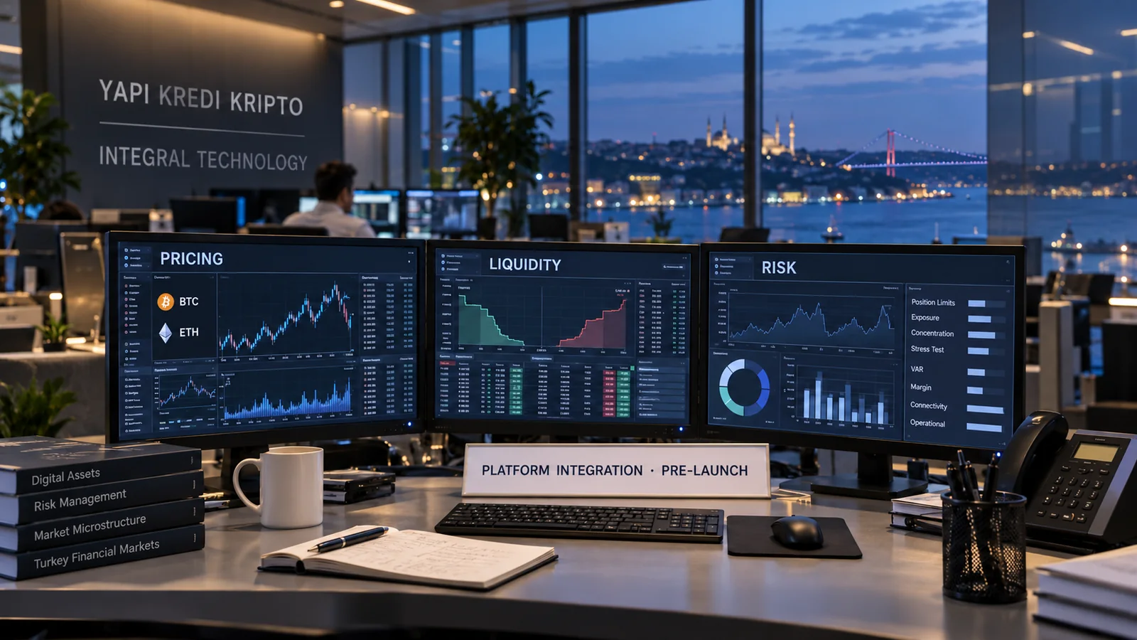 An Istanbul bank operations room shows pricing, liquidity and risk screens for the pre-launch integration of Yapı Kredi Kripto and Integral technology
